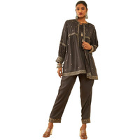 Soch Womens Charcoal Rayon Slub Three-Piece Co-Ord Set With Thread Work