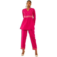 Soch Womens Fuchsia Rayon Slub Embroidered Co-Ord Set With Faux Mirror Work