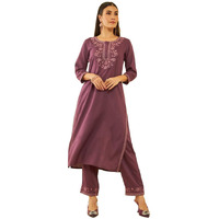 Soch Womens Purple Rayon Slub Embroidery Yoke Design Kurta Set With Sequins