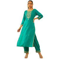 Soch Womens Teal Rayon Slub Embroidered Kurta Set With Faux Mirror