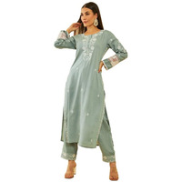 Soch Womens Powder Blue Rayon Slub Embroidered Kurta Set With Faux Mirror Work