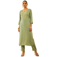 Soch Womens Green Rayon Slub Embroidered Kurta Set With Sequins