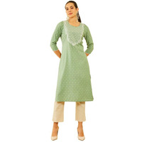 Soch Womens Green Rayon Floral Printed Kurta With Embroidery Details
