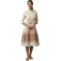 W For Woman Women's Cotton Blend Ecru Printed Shirt Dress Below The Knee (22Few17273B-116730_New Semolina S)