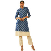 Soch Womens Indigo Cotton Floral Printed Mandarin Collar Straight Kurta
