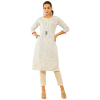 Soch Womens White Viscose Blend Botanical Printed Kurta With Tassels