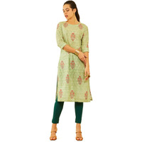 Soch Womens Sap Green Poly Cotton Floral Printed Kurta With Embroidered Details