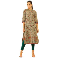 Soch Womens Olive Green Linen Floral Printed Straight Kurta