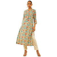 Soch Womens Beige & Green Linen Floral Printed Kurta With Lace Details