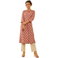 Soch Womens Peach Rayon Floral Printed Mandarin Collar Panelled Kurta