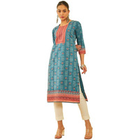 Soch Womens Blue & Red Cotton Ethnic Motif Printed Kurta With Thread Work