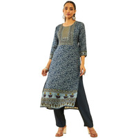 Soch Womens Navy Blue Muslin Floral Printed Embroidered Kurta Set With Beads