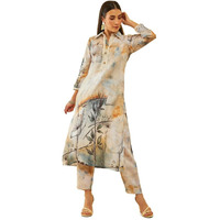 Soch Womens Beige Poly Linen Abstract Print Co-Ord Set With Faux Mirror