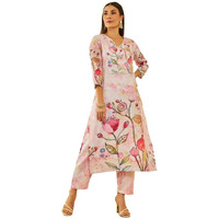 Soch Womens Pink Poly Linen Floral Printed Co-Ord Set With Mirror Work