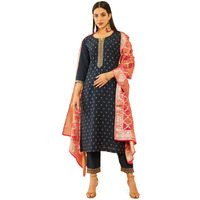 Soch Womens Navy Blue Silk Blend Embroidered Suit Set With Thread Work