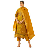 Soch Womens Mustard Brocade Kantha Print Suit Set With Cutdana Work