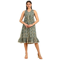 Soch Womens Blue Floral Print Alia Cut Cotton Ethnic Dress