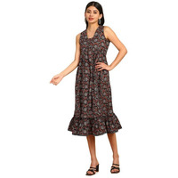 Soch Womens Black Floral Printed Cotton Alia Cut Ethnic Dress