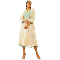 Soch Womens Off White & Green Cotton Schiffli Embroidered Dress With Shells & Faux Mirror