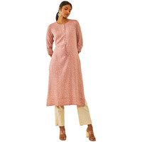 Soch Womens Onion Pink Rayon Floral Printed Roll-Up Sleeves Kurta With Tassels