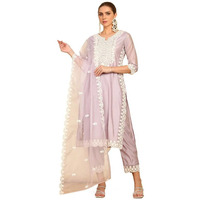 Soch Womens Purple Floral Embroidery Chanderi Suit Set