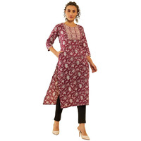 Soch Womens Wine Cotton Ajrak Printed Kurta With Sequinned Zari Work