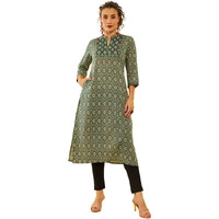 Soch Womens Green Cotton Ikat Printed Straight Kurta With Mirror Work