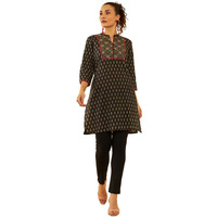 Soch Womens Black Cotton Floral Printed Short Kurta With Sequins
