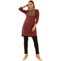 Soch Womens Maroon Cotton Floral Printed Short Kurta With Sequins