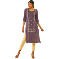 Soch Womens Purple Rayon Slub Zari Embroidered Panelled Straight Kurta
