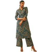 Soch Womens Teal Muslin Paisley Printed Co-Ord Set With Faux Mirror Work