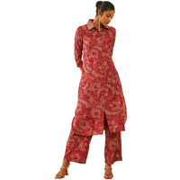 Soch Womens Maroon Muslin Paisley Printed Co-Ord Set With Faux Mirror Work