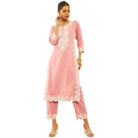 Soch Womens Onion Pink Rayon Slub Embroidered Kurta Set With Sequins
