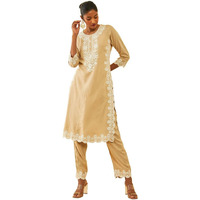 Soch Womens Beige Rayon Slub Floral Embroidered Kurta Set With Sequins