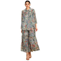 Soch Womens Teal Ethnic Motifs Print Georgette Blend Co-Ord Set With Sequins
