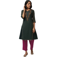 W For Woman Women's Polyester Solid Regular Kurta (22Fes10856-216091_Bottle Green_Xs)
