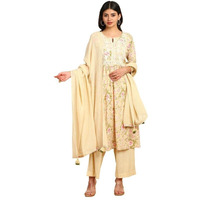 Soch Womens Beige Floral Print Cotton Slub Suit Set With Thread Work