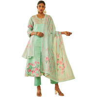 Soch Womens Powder Blue Chanderi Floral Printed Suit Set With Thread Work