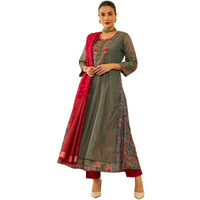 Soch Womens Grey Chanderi Floral Embroidered Suit Set With Zari