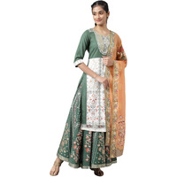 Green Printed Kurta, Skirt And Dupatta Set