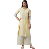 W For Woman Women's Cotton Floral Regular Kurta (22Few17516-118100_Vanilla Yellow_Xs)