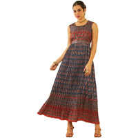 Soch Womens Blue Art Silk Floral Printed Pleated Dress With Sequins