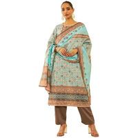 Soch Womens Turquoise Blue Cotton Blend Print With Embroidered Suit Set