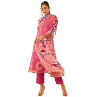 Soch Womens Fuchsia Organza Floral Printed Suit Set With Cutdana Work