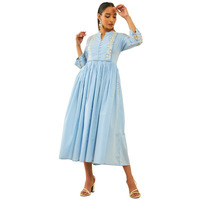 Soch Womens Powder Blue Cotton Embroidered Flared Dress With Beads