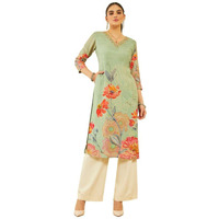 Soch Womens Sap Green Muslin Floral Print Kurta With Beads And Stones