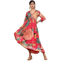 Soch Womens Fuchsia Floral Printed Chinon Alia-Cut Ethnic Dress With Beads