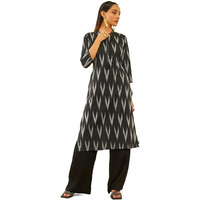 Soch Womens Black Cotton Ikat Printed Straight Kurta With Sequins