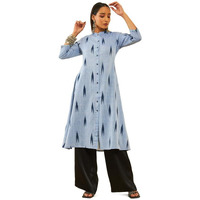 Soch Womens Blue Cotton Ikat Printed Straight Kurta With Sequins