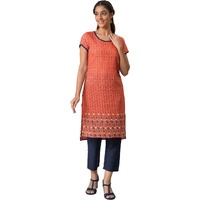 Orange Floral Printed High-Low Kurta With Blue Trousers